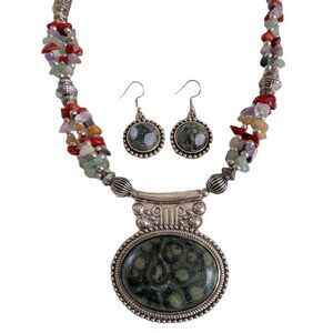 Multi Seed-Stone Beaded Silver Tone Necklace and Dangle Drop Earring’s